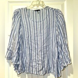Anthropologie DREW Stripe Tiered Bell/Flutter Sleeves Blouse Women's Size M Blue
